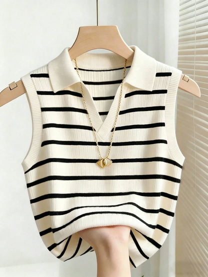 Franclia Women's Casual Elegant Intellectual Lapel Striped Knit Vest