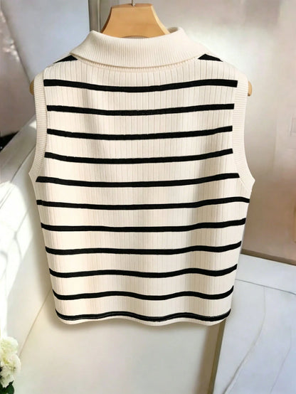 Franclia Women's Casual Elegant Intellectual Lapel Striped Knit Vest