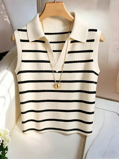 Franclia Women's Casual Elegant Intellectual Lapel Striped Knit Vest
