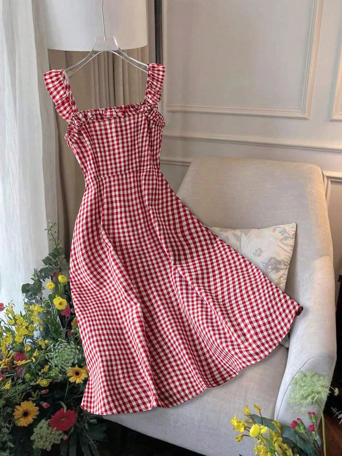 Franclia Women's Casual Vacation Red Plaid Spaghetti Strap Fitted A-Line Midi Dress, Spring/Summer
