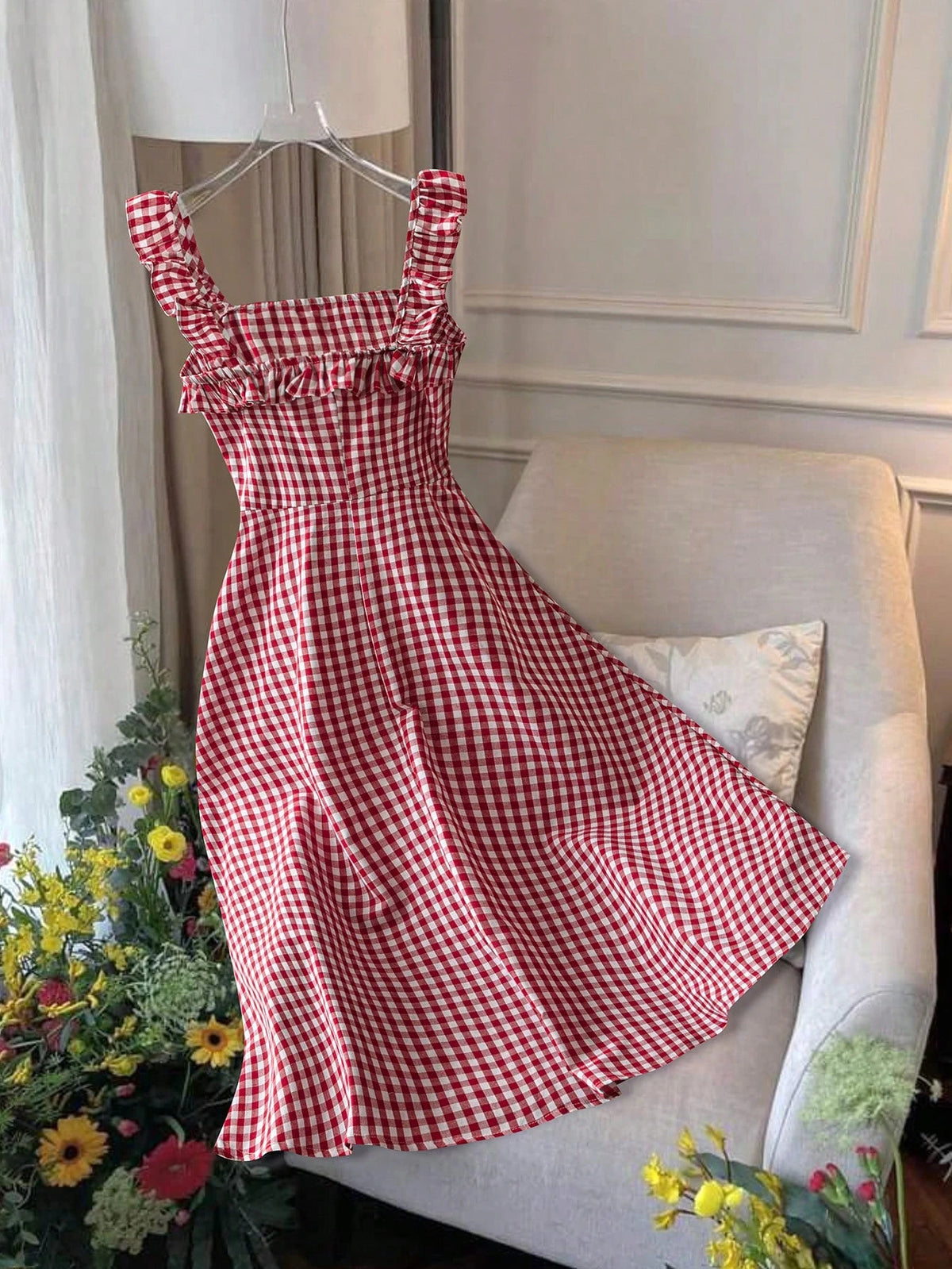 Franclia Women's Casual Vacation Red Plaid Spaghetti Strap Fitted A-Line Midi Dress, Spring/Summer