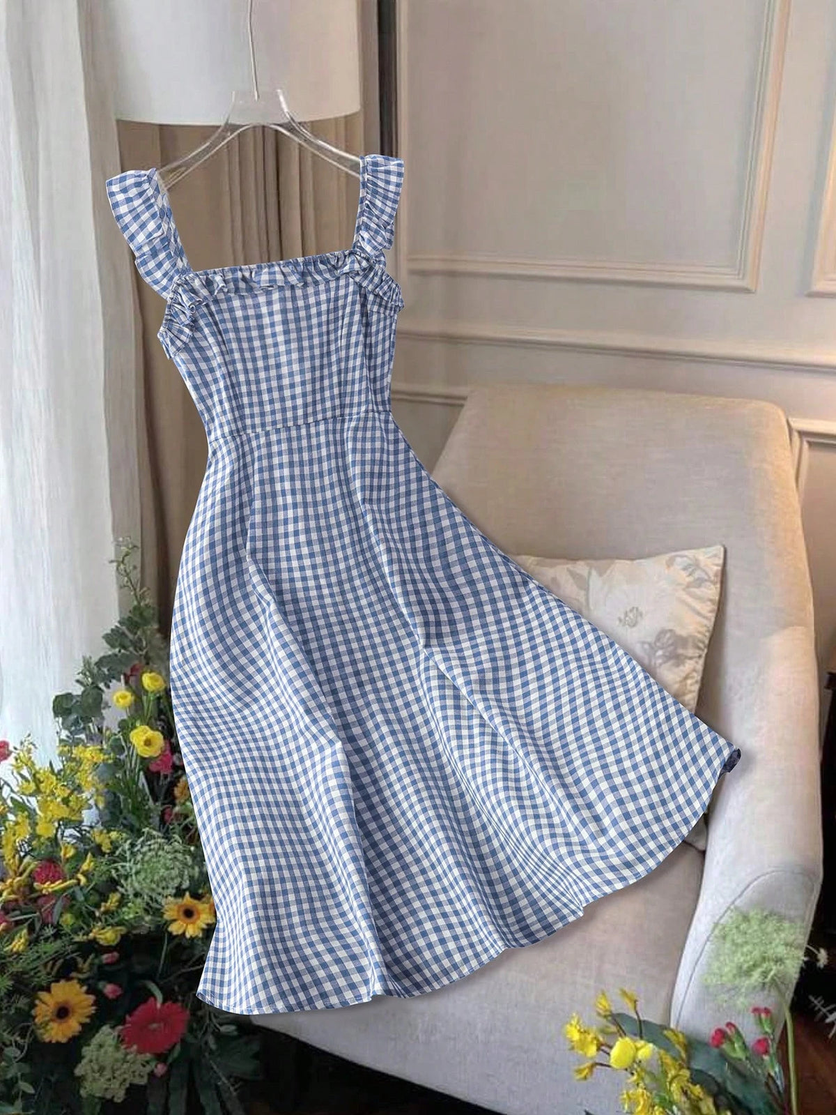 Franclia Women's Casual Vacation Red Plaid Spaghetti Strap Fitted A-Line Midi Dress, Spring/Summer