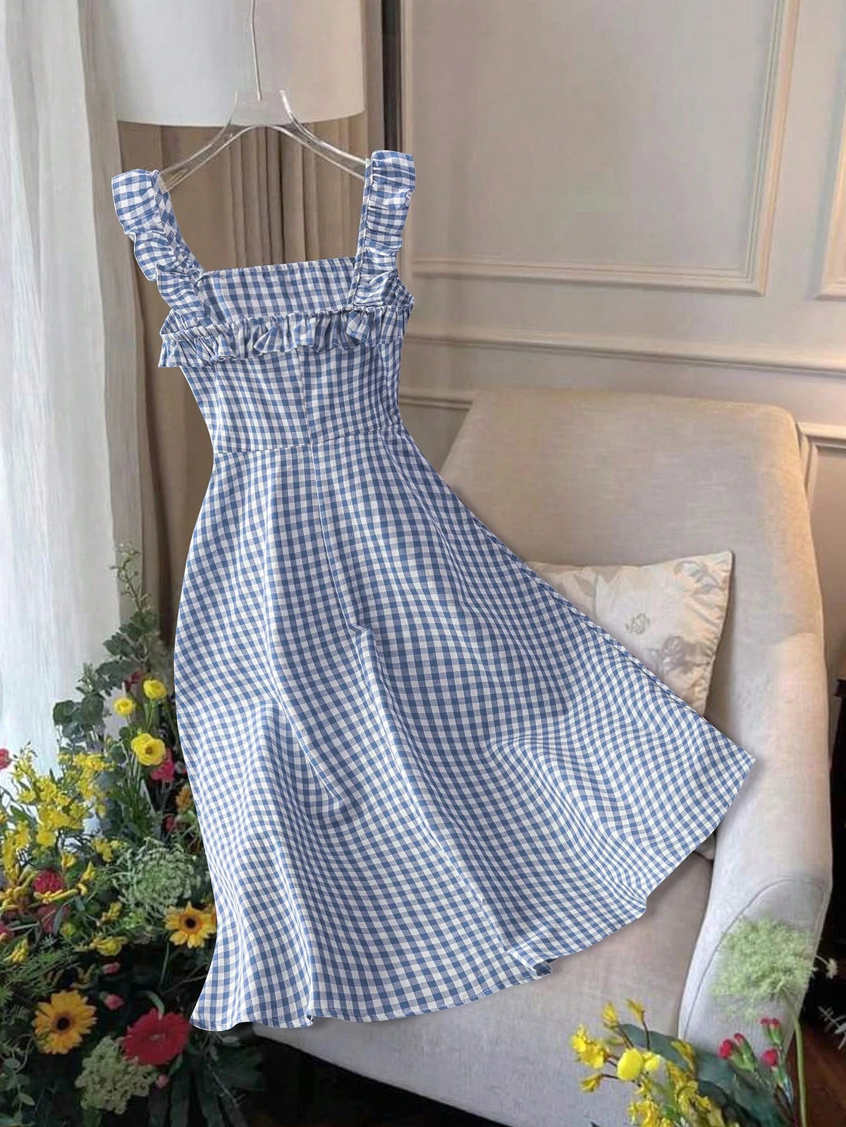 Franclia Women's Casual Vacation Red Plaid Spaghetti Strap Fitted A-Line Midi Dress, Spring/Summer