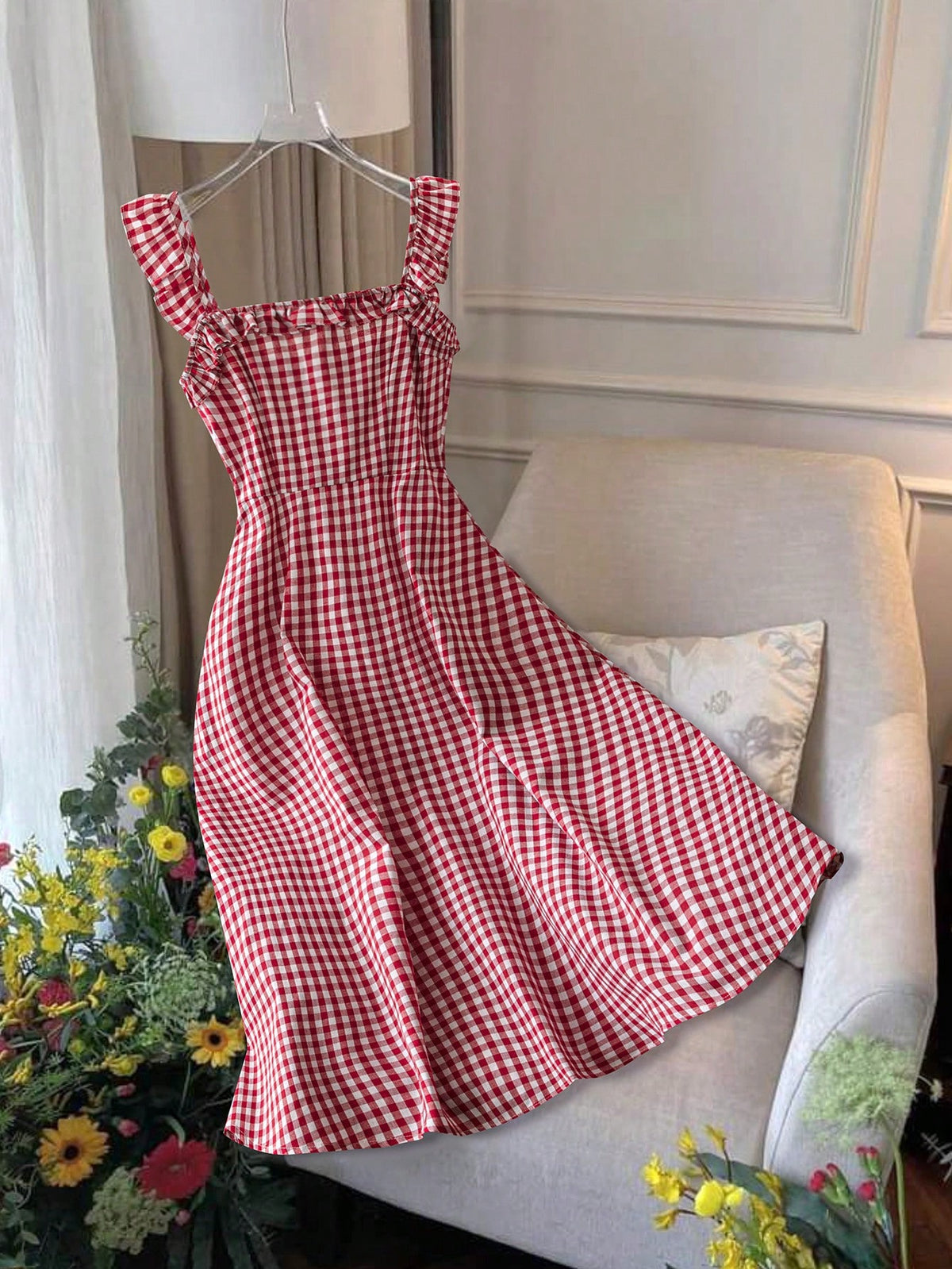Franclia Women's Casual Vacation Red Plaid Spaghetti Strap Fitted A-Line Midi Dress, Spring/Summer