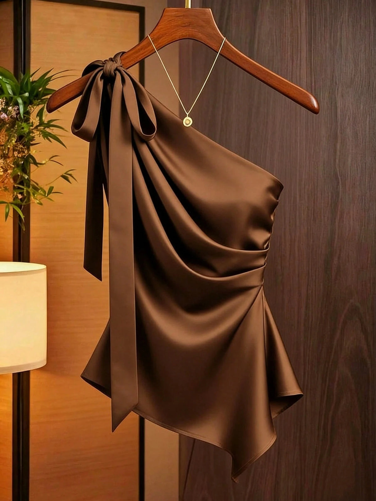 Franclia Women's Coffee Brown Satin Asymmetric One Shoulder Bow Decor Blouse,Elegant Ruched Silk Top For Date,Winter Draped Fitted Casual Work Wear Top