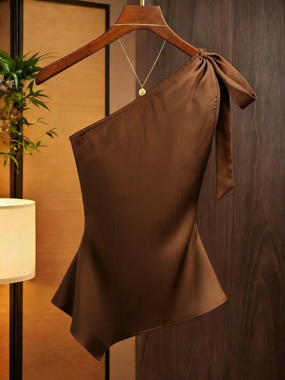 Franclia Women's Coffee Brown Satin Asymmetric One Shoulder Bow Decor Blouse,Elegant Ruched Silk Top For Date,Winter Draped Fitted Casual Work Wear Top