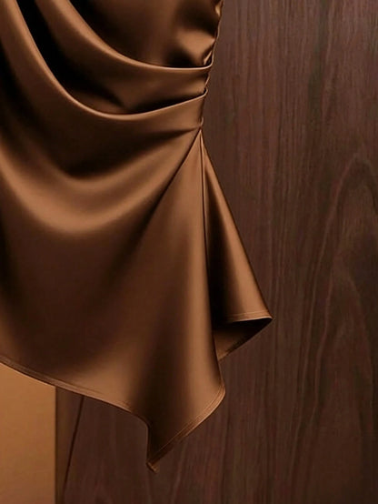 Franclia Women's Coffee Brown Satin Asymmetric One Shoulder Bow Decor Blouse,Elegant Ruched Silk Top For Date,Winter Draped Fitted Casual Work Wear Top