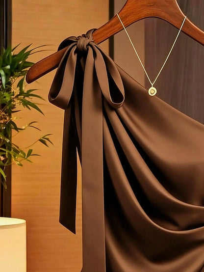 Franclia Women's Coffee Brown Satin Asymmetric One Shoulder Bow Decor Blouse,Elegant Ruched Silk Top For Date,Winter Draped Fitted Casual Work Wear Top
