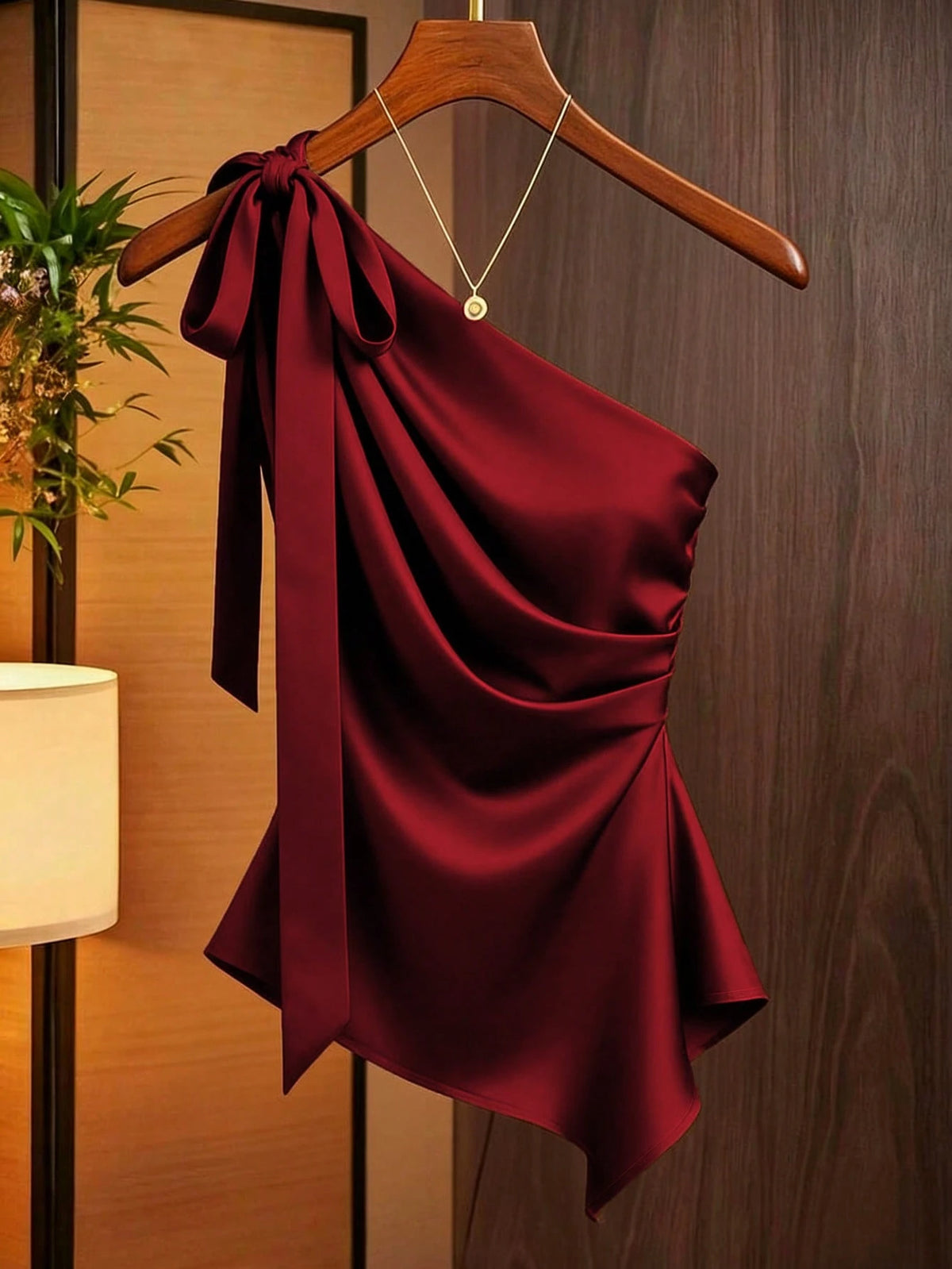 Franclia Women's Coffee Brown Satin Asymmetric One Shoulder Bow Decor Blouse,Elegant Ruched Silk Top For Date,Winter Draped Fitted Casual Work Wear Top
