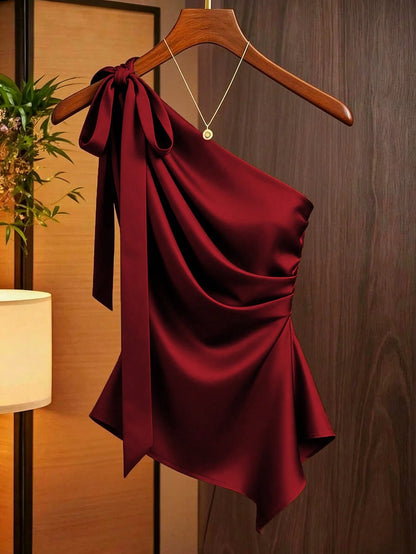 Franclia Women's Coffee Brown Satin Asymmetric One Shoulder Bow Decor Blouse,Elegant Ruched Silk Top For Date,Winter Draped Fitted Casual Work Wear Top