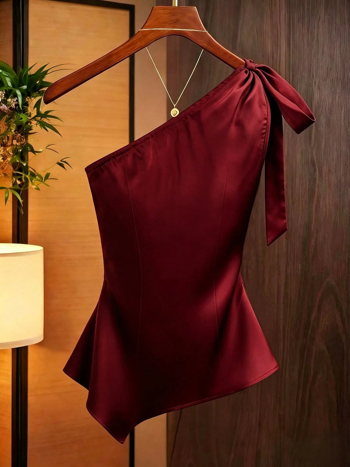 Franclia Women's Coffee Brown Satin Asymmetric One Shoulder Bow Decor Blouse,Elegant Ruched Silk Top For Date,Winter Draped Fitted Casual Work Wear Top
