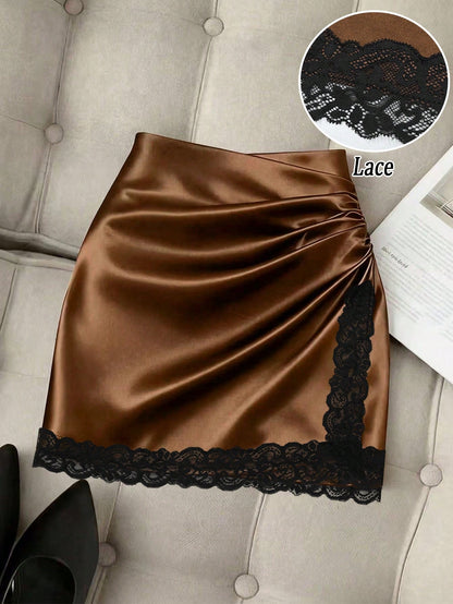 Franclia Women's Colorblock Lace Patchwork Pleated Wrap Elegant Sexy Skirt, Luxury, Brown Checkered Skirts For Ladies, Satin Party Night Autumn
