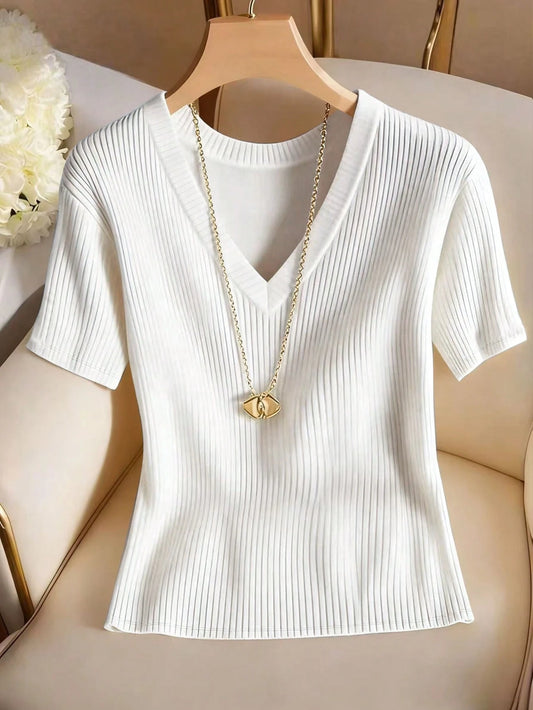 Franclia Women's Elegant Casual Ribbed V-Neck Short Sleeve T-Shirt