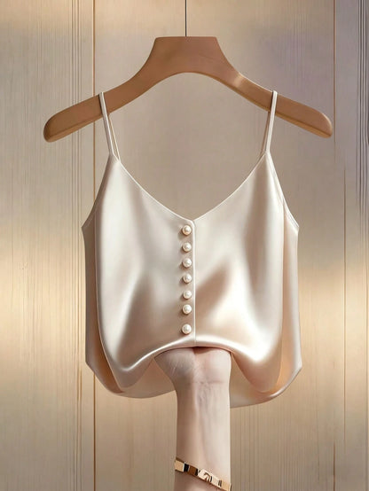 Franclia Women's Elegant Pearl Decor Satin Camisole,Beige Summer Silk Top With Buttons Minimalist Classy Dress Top For Tea Party Daily Tops And Blouses