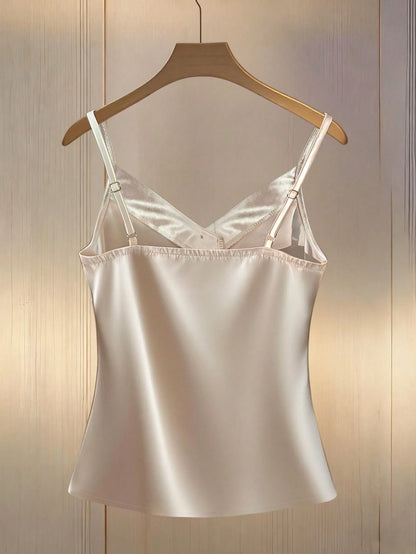 Franclia Women's Elegant Pearl Decor Satin Camisole,Beige Summer Silk Top With Buttons Minimalist Classy Dress Top For Tea Party Daily Tops And Blouses