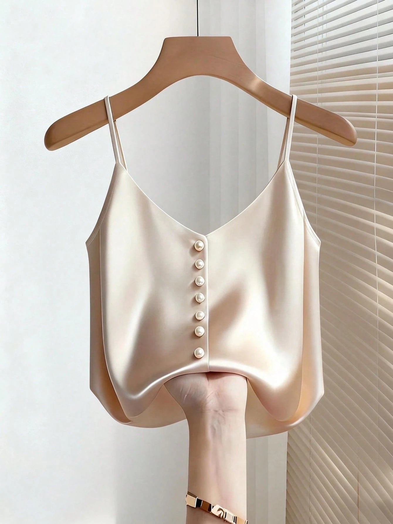 Franclia Women's Elegant Pearl Decor Satin Camisole,Beige Summer Silk Top With Buttons Minimalist Classy Dress Top For Tea Party Daily Tops And Blouses