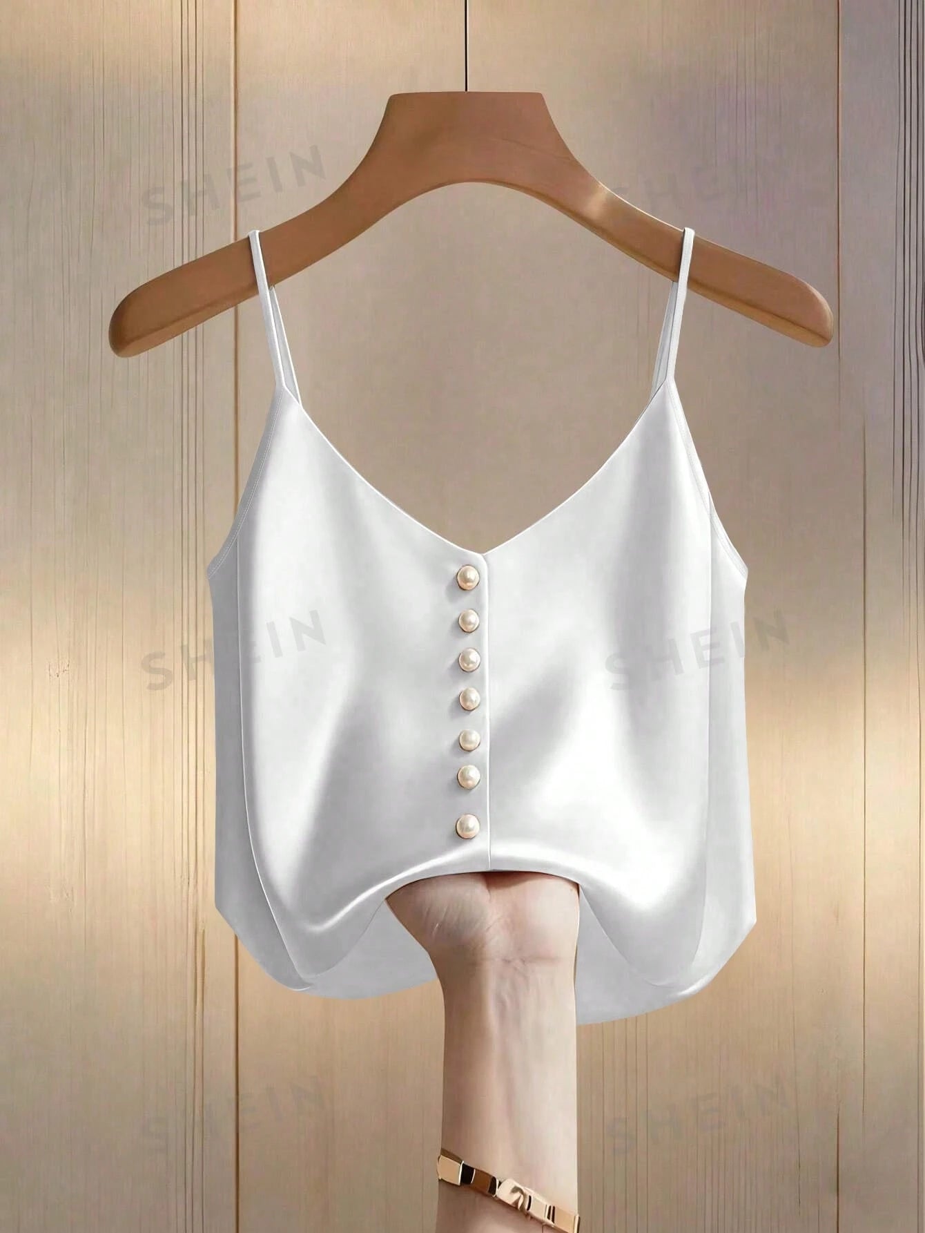 Franclia Women's Elegant Pearl Decor Satin Camisole,Beige Summer Silk Top With Buttons Minimalist Classy Dress Top For Tea Party Daily Tops And Blouses