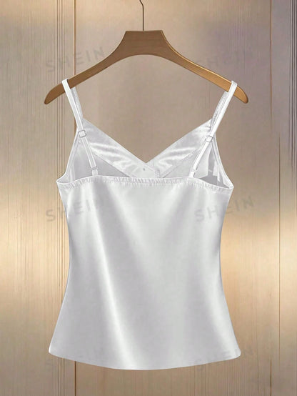 Franclia Women's Elegant Pearl Decor Satin Camisole,Beige Summer Silk Top With Buttons Minimalist Classy Dress Top For Tea Party Daily Tops And Blouses