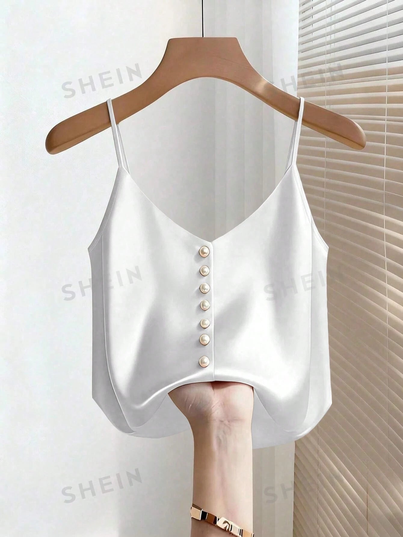 Franclia Women's Elegant Pearl Decor Satin Camisole,Beige Summer Silk Top With Buttons Minimalist Classy Dress Top For Tea Party Daily Tops And Blouses