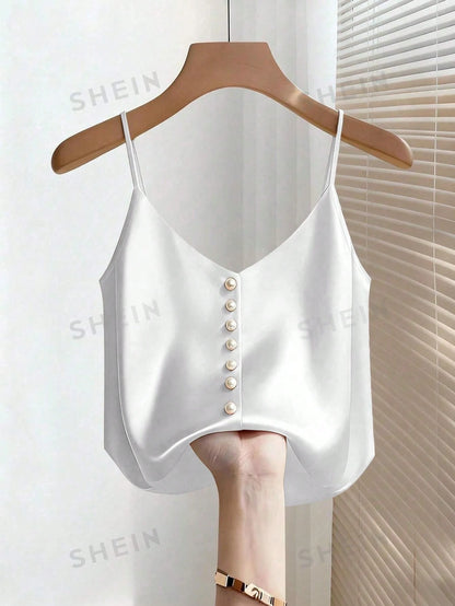 Franclia Women's Elegant Pearl Decor Satin Camisole,Beige Summer Silk Top With Buttons Minimalist Classy Dress Top For Tea Party Daily Tops And Blouses