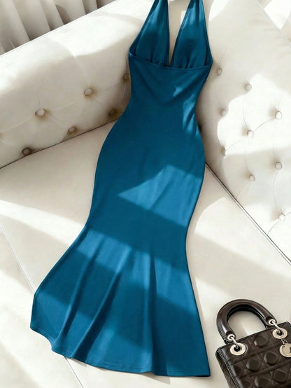 Franclia Women's Elegant,Summer Teal Blue Deep V-Neck Halterneck Mermaid Dress,Front Pleats High Slit High Stretch Stitch Formal Evening Prom Day Party
