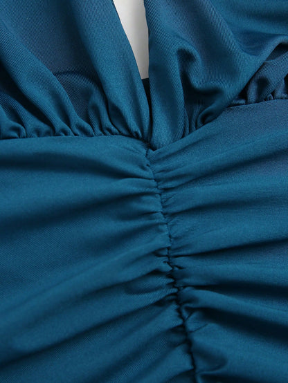 Franclia Women's Elegant,Summer Teal Blue Deep V-Neck Halterneck Mermaid Dress,Front Pleats High Slit High Stretch Stitch Formal Evening Prom Day Party