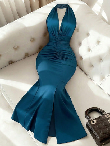Franclia Women's Elegant,Summer Teal Blue Deep V-Neck Halterneck Mermaid Dress,Front Pleats High Slit High Stretch Stitch Formal Evening Prom Day Party