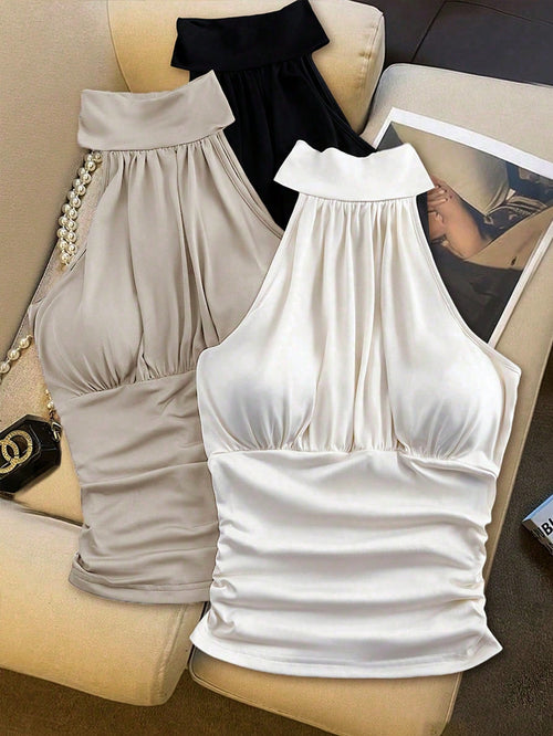 Franclia Women's Fashionable & Elegant Sleeveless Camisole With Built-In Bra Cups, Versatile Halter Neck Tank Top, Summer