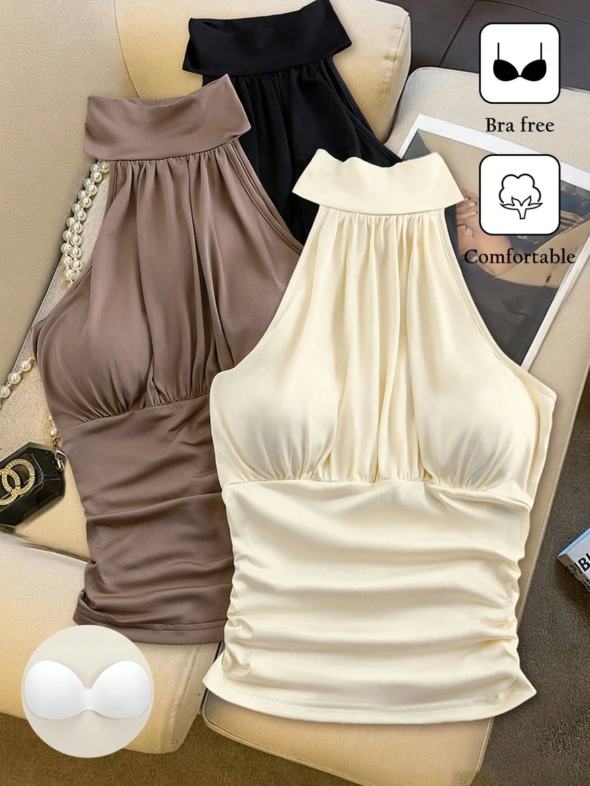 Franclia Women's Fashionable & Elegant Sleeveless Camisole With Built-In Bra Cups, Versatile Halter Neck Tank Top, Summer