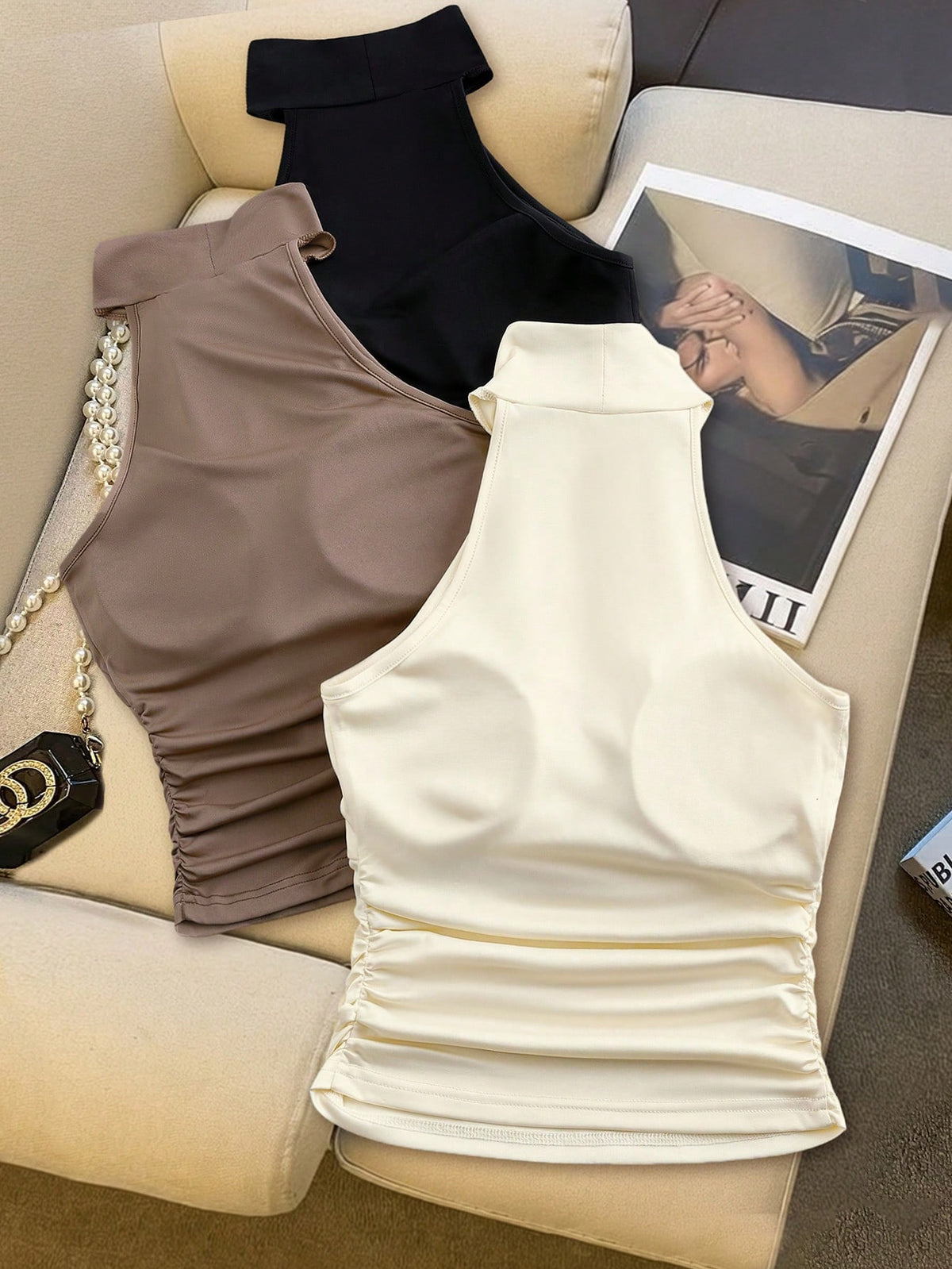 Franclia Women's Fashionable & Elegant Sleeveless Camisole With Built-In Bra Cups, Versatile Halter Neck Tank Top, Summer