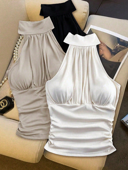 Franclia Women's Fashionable & Elegant Sleeveless Camisole With Built-In Bra Cups, Versatile Halter Neck Tank Top, Summer
