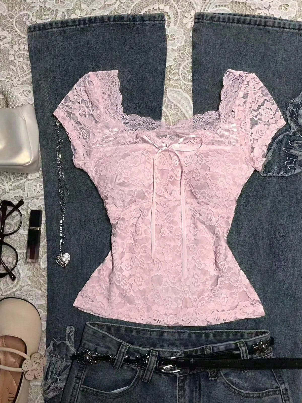 Franclia Women's Lace Bow Decor Elegant Top