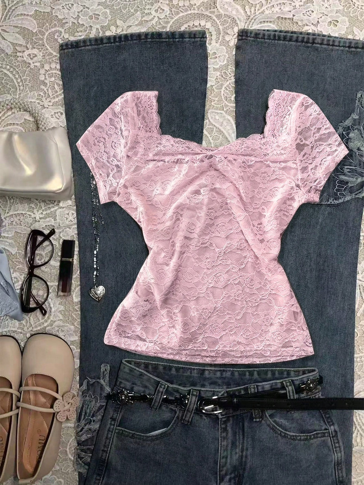 Franclia Women's Lace Bow Decor Elegant Top