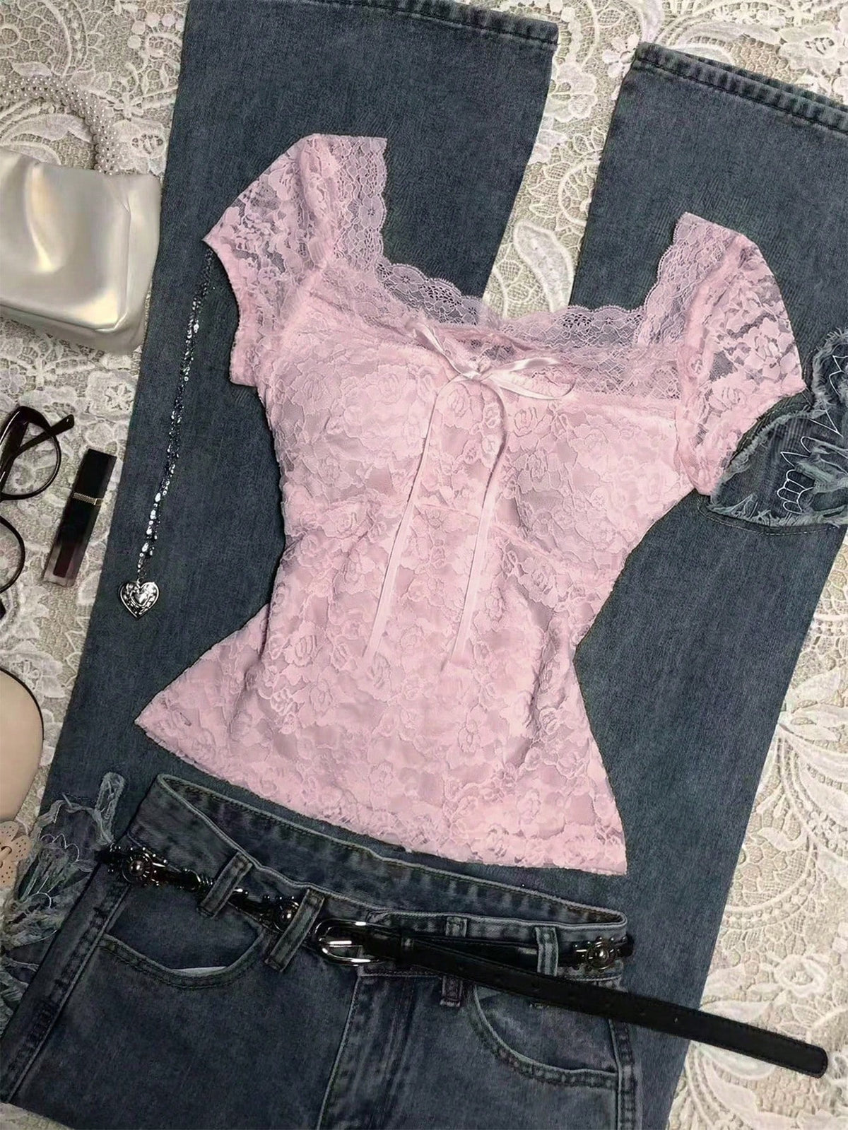 Franclia Women's Lace Bow Decor Elegant Top