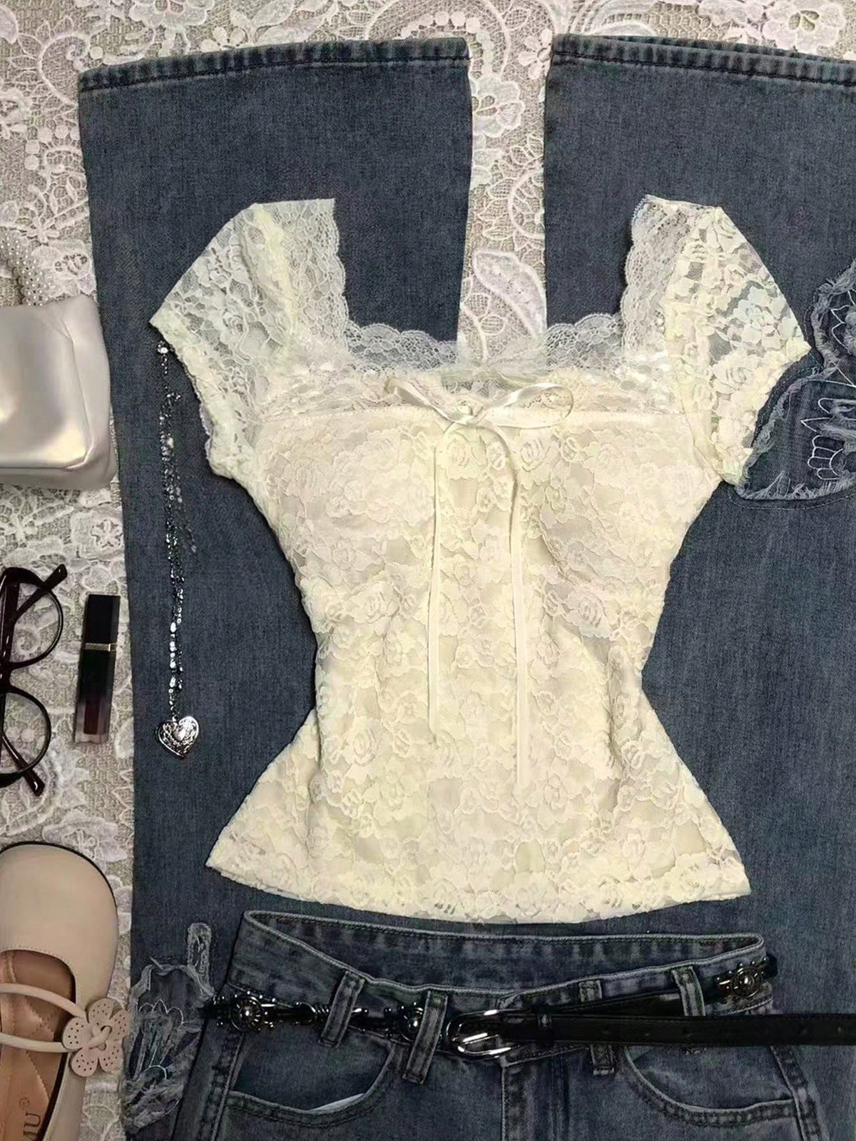 Franclia Women's Lace Bow Decor Elegant Top