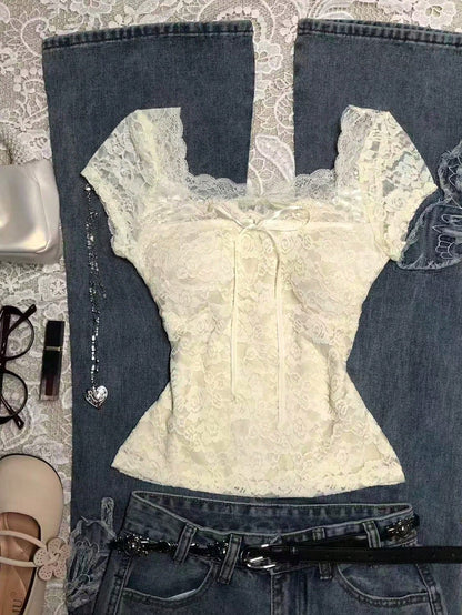 Franclia Women's Lace Bow Decor Elegant Top