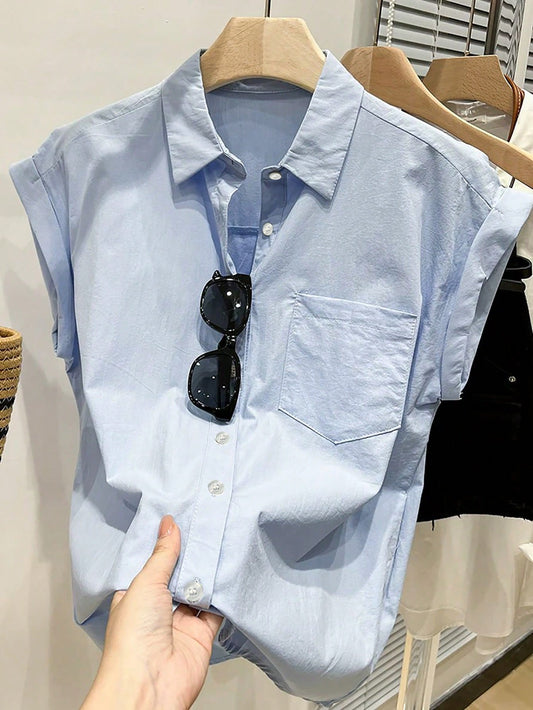 Franclia Women's Light Blue Short Sleeve Shirt,Summer Casual Office Single-Breasted Pocket Loose Top,Textured Collar Roll-Up Sleeve Minimalist Plain Blouse