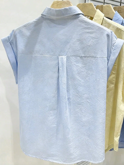 Franclia Women's Light Blue Short Sleeve Shirt,Summer Casual Office Single-Breasted Pocket Loose Top,Textured Collar Roll-Up Sleeve Minimalist Plain Blouse