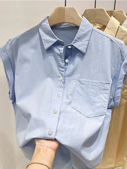 Franclia Women's Light Blue Short Sleeve Shirt,Summer Casual Office Single-Breasted Pocket Loose Top,Textured Collar Roll-Up Sleeve Minimalist Plain Blouse