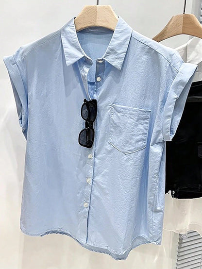 Franclia Women's Light Blue Short Sleeve Shirt,Summer Casual Office Single-Breasted Pocket Loose Top,Textured Collar Roll-Up Sleeve Minimalist Plain Blouse