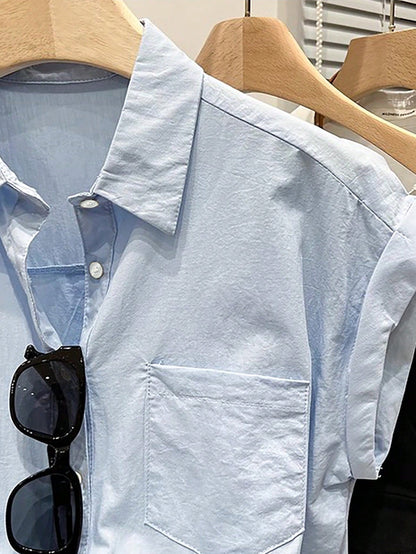 Franclia Women's Light Blue Short Sleeve Shirt,Summer Casual Office Single-Breasted Pocket Loose Top,Textured Collar Roll-Up Sleeve Minimalist Plain Blouse