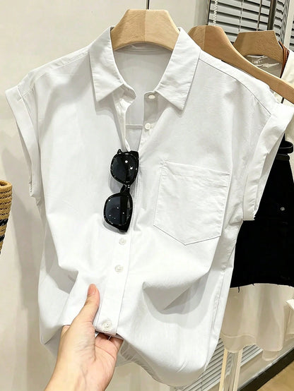Franclia Women's Light Blue Short Sleeve Shirt,Summer Casual Office Single-Breasted Pocket Loose Top,Textured Collar Roll-Up Sleeve Minimalist Plain Blouse