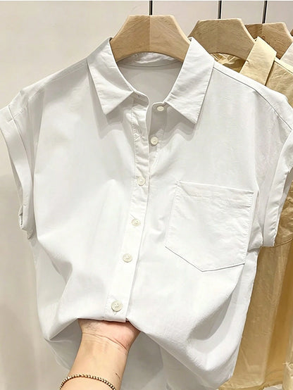 Franclia Women's Light Blue Short Sleeve Shirt,Summer Casual Office Single-Breasted Pocket Loose Top,Textured Collar Roll-Up Sleeve Minimalist Plain Blouse