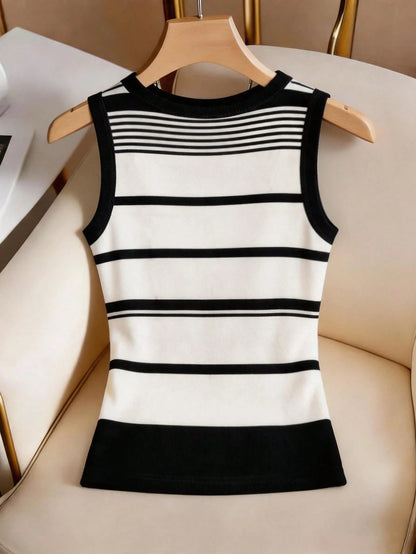 Franclia Women's Summer Casual Vacation & Commute Contrast Stripe Print Fitted Comfortable Tank Top