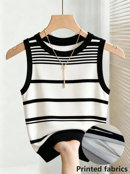Franclia Women's Summer Casual Vacation & Commute Contrast Stripe Print Fitted Comfortable Tank Top