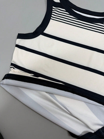Franclia Women's Summer Casual Vacation & Commute Contrast Stripe Print Fitted Comfortable Tank Top
