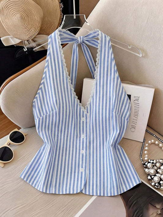 Franclia Women's Summer Elegant Blue And White Stripe Halter Tie Ruffle Vest,French Style Fresh Holiday Vacation Blouse,Classy Petite Tops,Business Casual