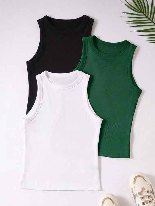 Franclia Women Solid Color Round Neck Ribbed Hollow Out Sleeveless Top