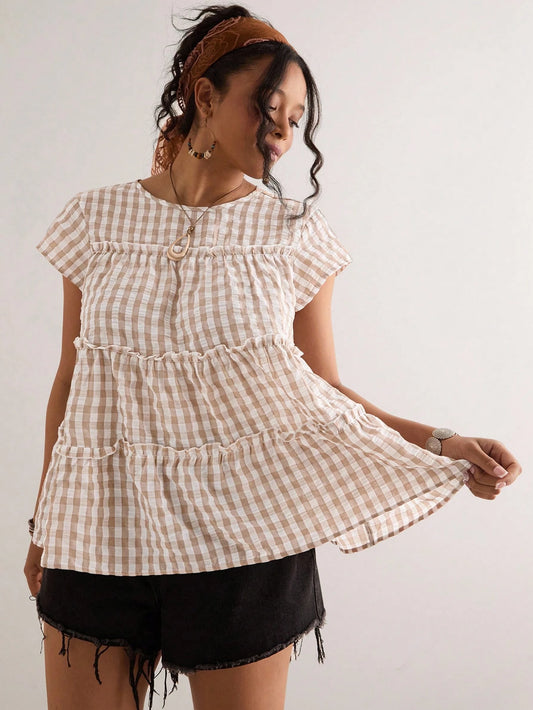 Freevana Plus Size Women's Loose Fit Round Neck Short Sleeve Ruffle Plaid Blouse,Elegant Apricot Khaki Top For Summer,Boho Picnic,White,Daily Wear,Outdoor