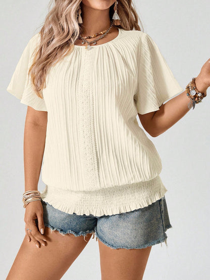 Freevana White Summer Boho Vacation Plus Size Blouse,Women's Short Sleeve Round Neck Pullover Top With Ruffled Hem Elastic Waist,Casual Elegant Latest Tops